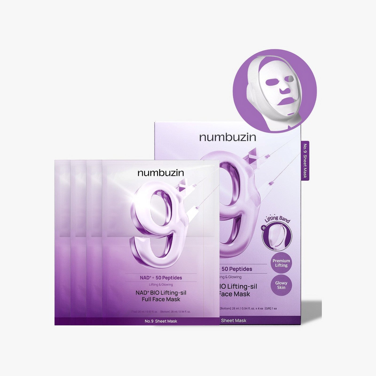 numbuzin No.9 NAD+ BIO Lifting-sil Full Face Mask (4 Sheets + Lifting Band)